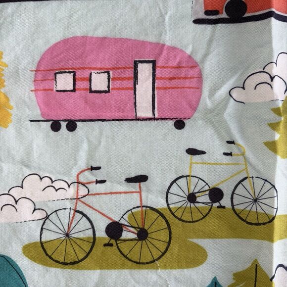 Camp Site 2016 Blend Fabric 42 x 28 Print Of Pink Camper Tents Bicycles - Picture 1 of 7